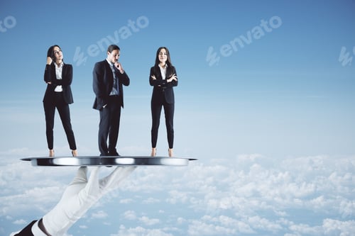Preview: Businesspeople Standing Plate On Blue Sky Background. Partnership And Trade Concept.