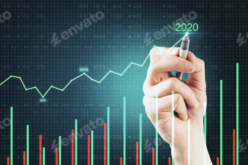 Preview: Hand Drawing Glowing Graph Of Success In 2020 Year On Dark Background. Trade And Analysis Concept