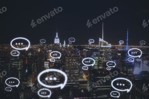 Preview: Night City With Speech Icons. Communication Concept