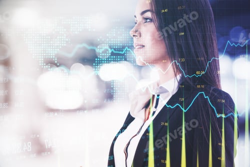 Preview: Businesswoman And Business Report Hologram On Virtual Screen. Business And Financial Success