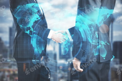 Preview: Businessmen Shaking Hands On Abstract City Background With Global Business Hologram. Trade And