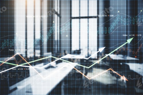 Preview: Blurry Office Interior With Forex Chart Arrows. Analysis And Management Concept. Double Exposure