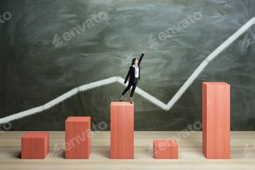 Preview: Businesswoman On Red Chart Bars On Chalkboard Wall Background. Crisis, Business And Growth Concept