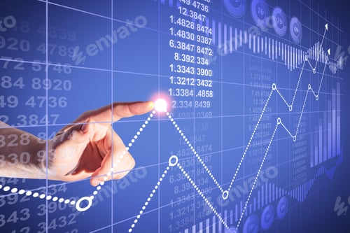 Preview: Close Up Of Man Hand Pointing At Abstract Glowing Business Chart Hologram. Finance, Trade And