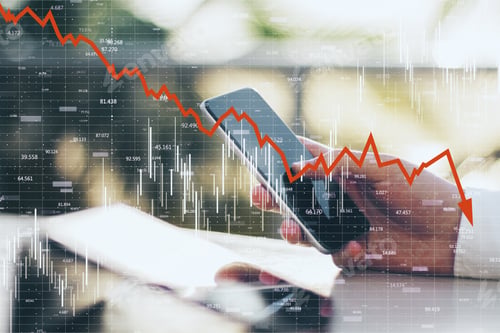 Preview: Close Up And Side View Of Hands Using Smartphone With Downward Red Chart Arrow. Decrease, Internet