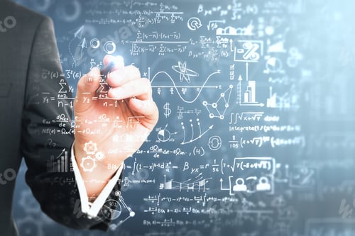 Preview: Male Hand Writing Mathematical Formulas On Blurry Background. Science And Education Concept. Double