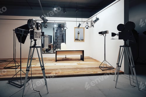 Preview: Film Studio With Cameras And Movie Equipment 3D Render