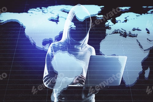 Preview: Hacker Using Laptop With Digital Creative Glowing Map On Blue Background. Criminal And Global Data