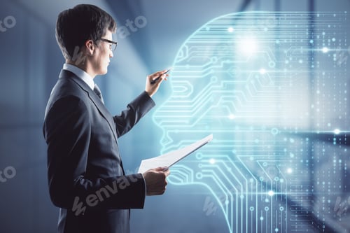 Preview: Businessman Using Abstract Digital Head Chip Interface In Blurry Office Interior. Artificial