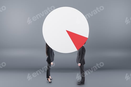 Preview: Abstract Businessmen With Pie Chart On Head On Grey Background. Teamwork, Success And Finance