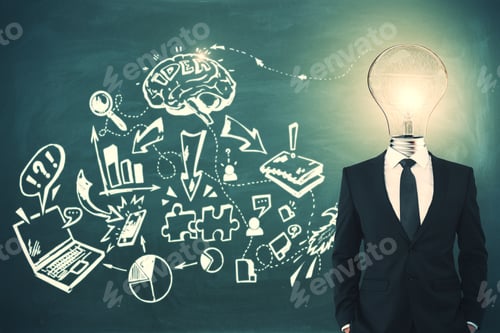 Preview: Light Bulb Headed Businessman With Business Sketch. Idea And Marketing Concept