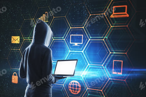 Preview: Young Hacker Using Laptop With Digital Business Interface. Hacking And Criminal Concept. Double