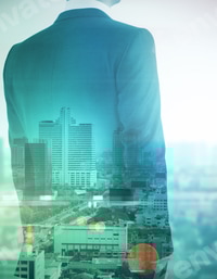 Preview: Back View Of Young Businessman On Abstract City Background. Employment Concept. Double Exposure