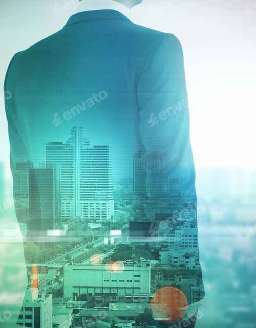 Preview: Back View Of Young Businessman On Abstract City Background. Employment Concept. Double Exposure
