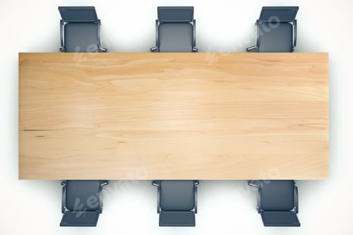 Preview: Top View On Conference Wooden Table And Black Chairs 3D Render