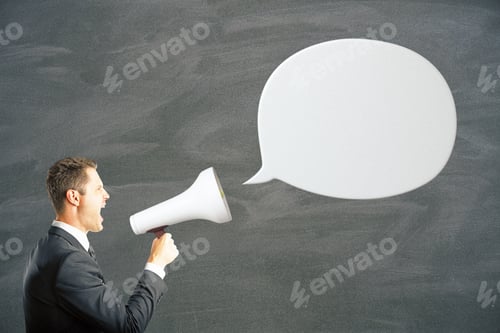 Preview: White Speech Bubble And Caucasian Businessman Shouting Into Megaphone. Mock Up