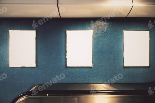Preview: Front View Of Blank White Underground Billboards On Gray Wall With Escalator. Advertisement And