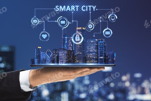 Preview: Close Up Of Man Hand Holding Tablet With Creative Glowing Smart City Hologram With Interface And