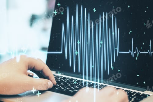 Preview: Hands Using Laptop And Drawing Chart Heartbeat On Blurry Background. Medicine And Programming