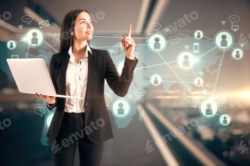 Preview: Interactive Social Network And Innovation Concept. Portrait Of Attractive Young European