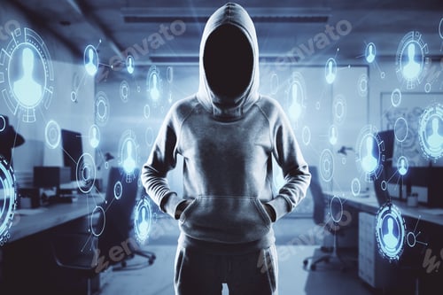 Preview: Hacker Standing In Abstract Interior With Digital Business Interface. Ransomware And Protection