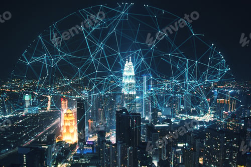 Preview: Creative Night City Background With Polygonal Sphere. Communication, Urbanization And Global