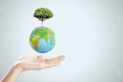 Preview: Close Up Of Female Hand Holding Abstract Globe With Tree On Light Background With Mock Up Place
