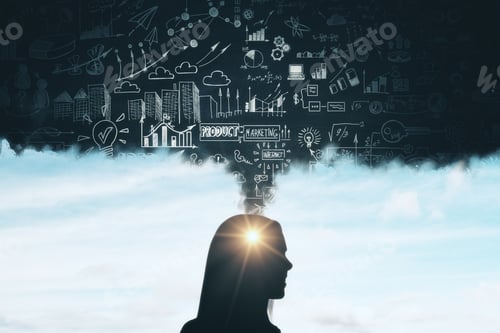 Preview: Abstract Businessman Silhouette Thinking About Business Sketch On Chalkboard On City Sky