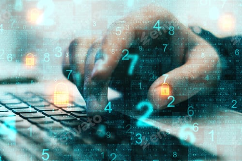 Preview: Close Up Of Hand Using Laptop Keyboard With Binary Code And Padlock Interface. Safety And Ai