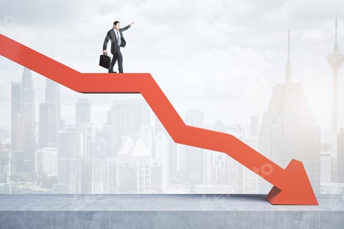 Preview: Business Man Standing And Balancing On Abstract Red Downward Chart Arrow On Light City Background
