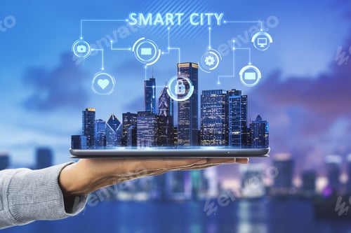 Preview: Close Up Of Hand Holding Tablet With Creative Glowing Smart City Hologram With Interface And