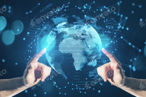 Preview: Close Up Of Men Hands Pointing At Abstract Glowing Planet Hologram On Blurry Blue Background With