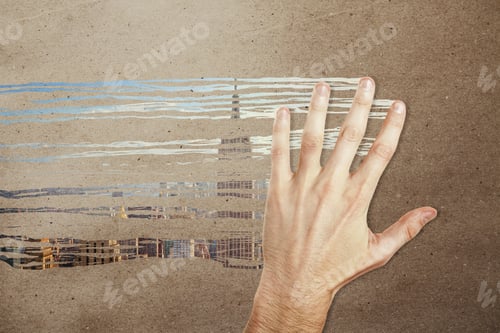 Preview: Male Hand Wiping Concrete Background And Revealing City View. Inspiration Concept