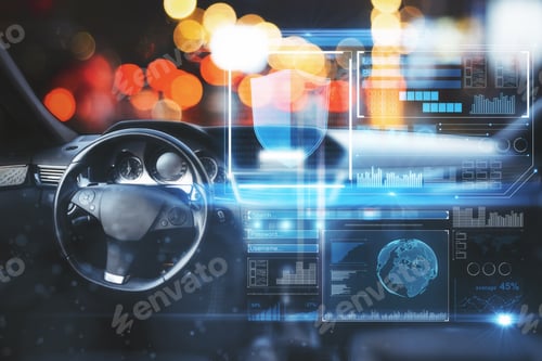 Preview: Car Interior With Digital Interface On Blurry Bokeh Background. Double Exposure