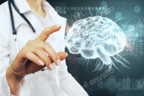 Preview: Female Doctor Hand Pointing At Glowing Brain Interface. Artificial Intelligence And Medicine