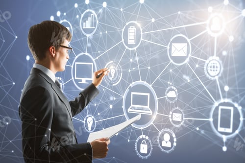 Preview: Businessman With Digital Business Interface. Innovation And Computing Concept. Double Exposure