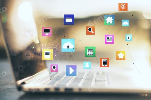 Preview: Workplace With Laptop On Table And Cloud Computing Diagram. Cloud Computing And Communication