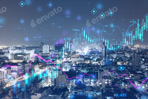 Preview: Abstract Glowing Candlestick Forex Chart On Illuminated Night City Background. Trade And Stock