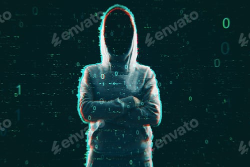 Preview: Steal And Computing Concept. Hacker In Hoodie With Creative Binary Code. Double Exposure