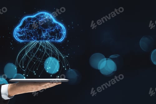 Preview: Close Up Of Hand Holding Tablet With Glowing Blue Digital Cloud With Binary Code On Dark Blurry