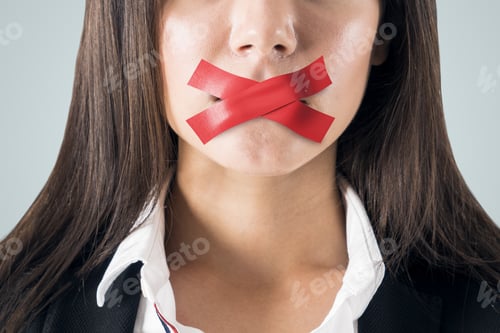 Preview: Close Up Of Taped Caucasian Businesswoman Mouth. Silence And Speech Censorship Concept