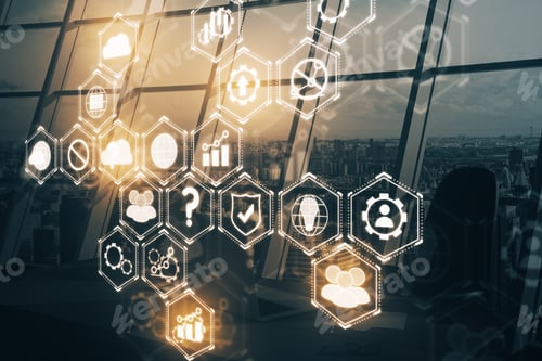 Preview: Creative Business Screen Hologram In Backlit Office. Interface Concept. Double Exposure