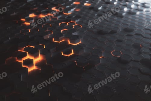 Preview: Futuristic Glowing Amber Hexagonal Or Honeycomb Wallpaper. Technology, Future And Innovation