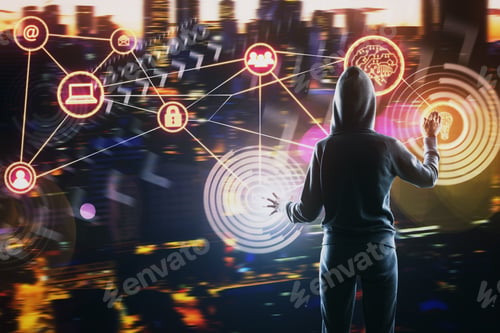 Preview: Back View Of Hacker Using Glowing Interface On Blurry Night City Background. Internet, Innovation