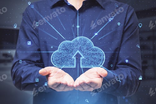 Preview: Close Up Of Businessman Hands Holding Abstract Glowing Cloud Hologram. Cloud Computing And Database