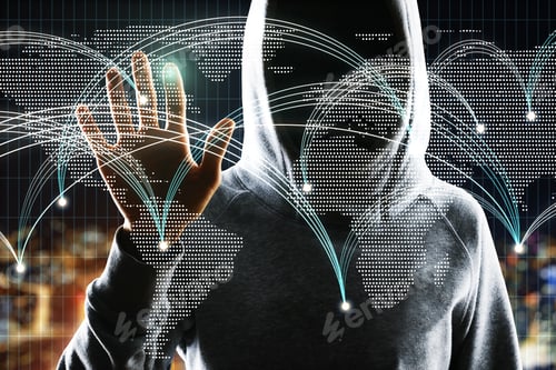 Preview: Hacker Hand Using Glowing Map With Connections On Blurry Night City Background. Social Network And