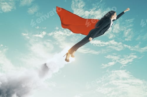 Preview: Launching Businesswoman Hero On Sky Background. Security And Startup Concept