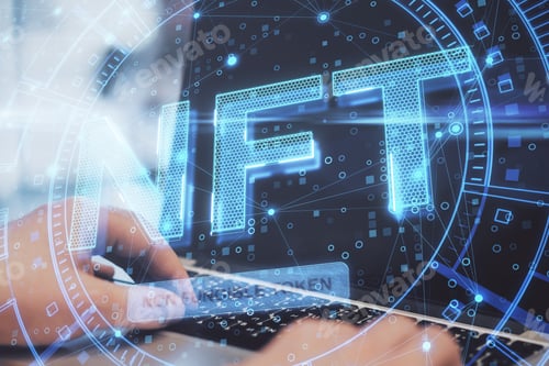 Preview: Close Up Of Hands Using Laptop Keyboard With Glowing Nft Non Fungible Token Concept Hologram On