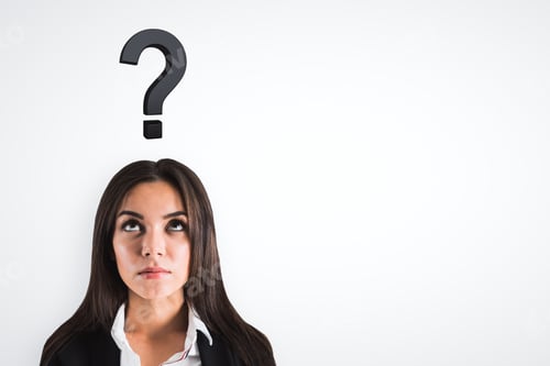 Preview: Portrait Of Attractive Young European Businesswoman With Question Mark On White Background With