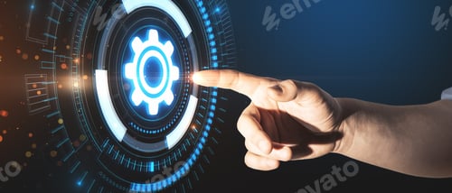 Preview: Close Up Of Businessman Hand Pointing At Creative Glowing Cog Wheel Hologram On Dark Background